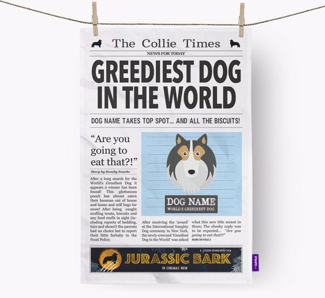 The {breedShortName} Times 'Greediest Dog In The World' Personalised Tea Towel